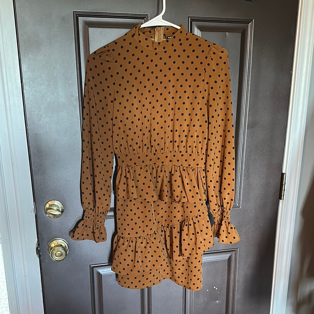 SHEIN Brown Polka Dot Long Sleeve Dress